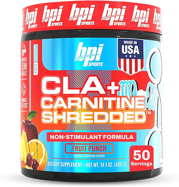 BPI Sports CLA + Carnitine Shredded - Convert Fat Cells Into Energy and Supports Lean Muscle, Boost Metabolism - Non-Stimulant L-Carnitine Supplement - Fruit Punch (14.1 oz. / 50 Servings)