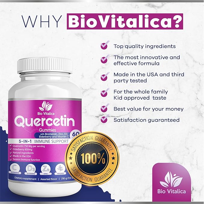 Quercetin Gummies by BioVitalica - Quercetin with Bromelain Vitamin C and Zinc & Elderberry + Vitamin D3-5 in 1 Immune Support - Zinc Quercetin 750 mg for Kids and Adult (6, Quercetin)