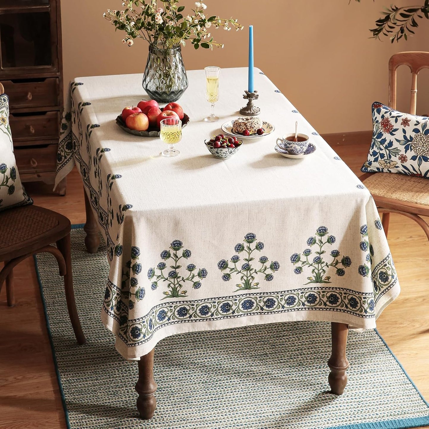 patdrea Designer Linen Vintage Blue Rectangle Tablecloth,Leaves Pattern Durable Floral Table Cloth,French Table Cover Cloth Decor for Kitchen Dining,Christmas,Thanksgiving,Party,63"x87"-Ivar B