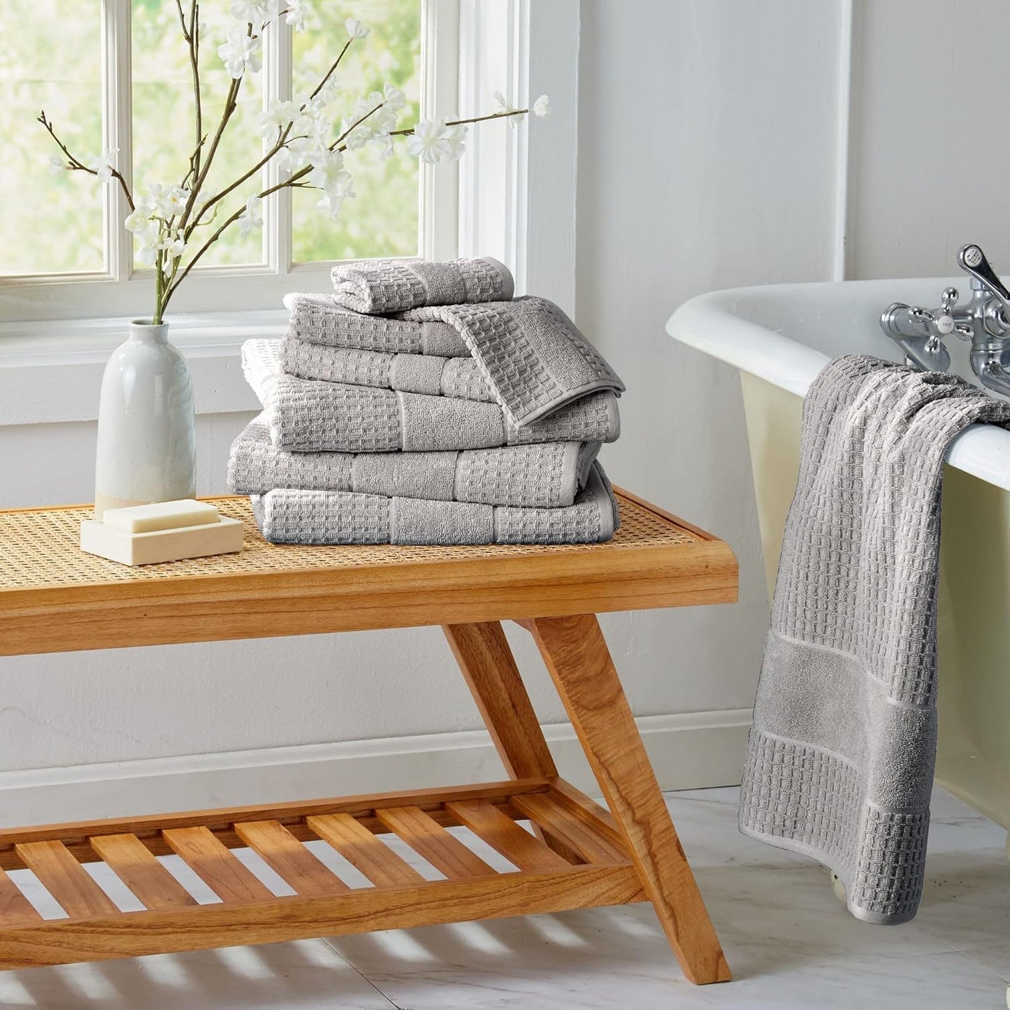 100% Cotton Super Soft Luxury Hand Towel Set | Quick-Dry and Highly Absorbent | Waffle Textured | 550 GSM | Includes 6 Hand Towels | Harper Collection (Light Grey)