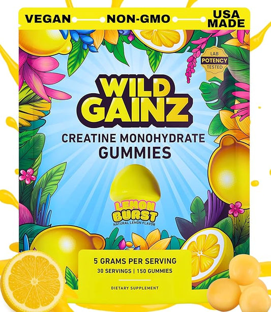 Creatine Monohydrate Gummies for Men & Women 5000mg - Made in USA, Potency Tested, Vegan, Supports Muscle Growth, Strength & Cognitive Function, Non-GMO Gluten-Free Lemon Flavored Creatine 150 Chews