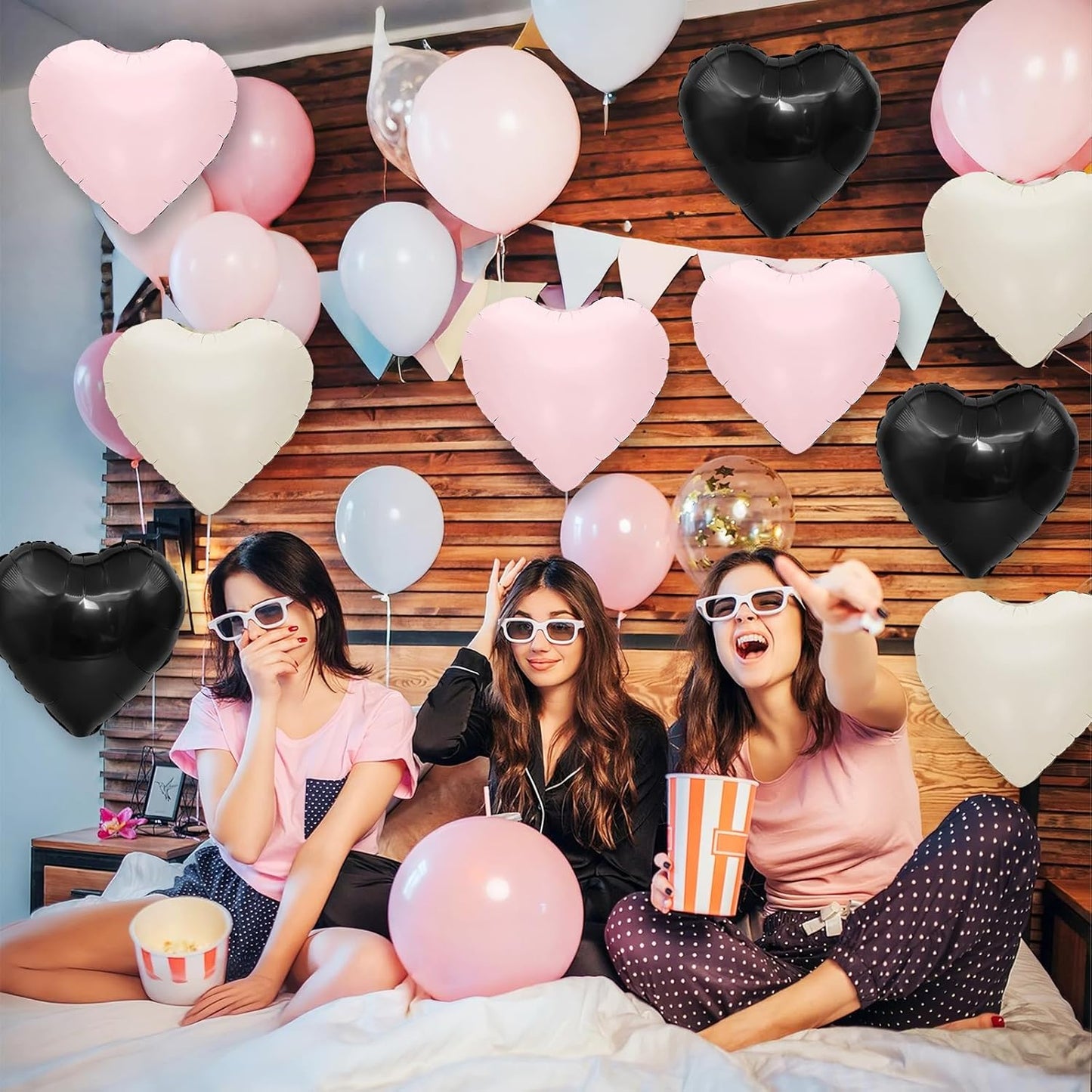 Black Pink White Heart Balloons,12Pcs 18Inch Black Cream White Baby Pink Heart Shaped Foil Helium Polyester Film Balloons for Baby Shower Birthday Anniversary Wedding Engagement Party Decorations