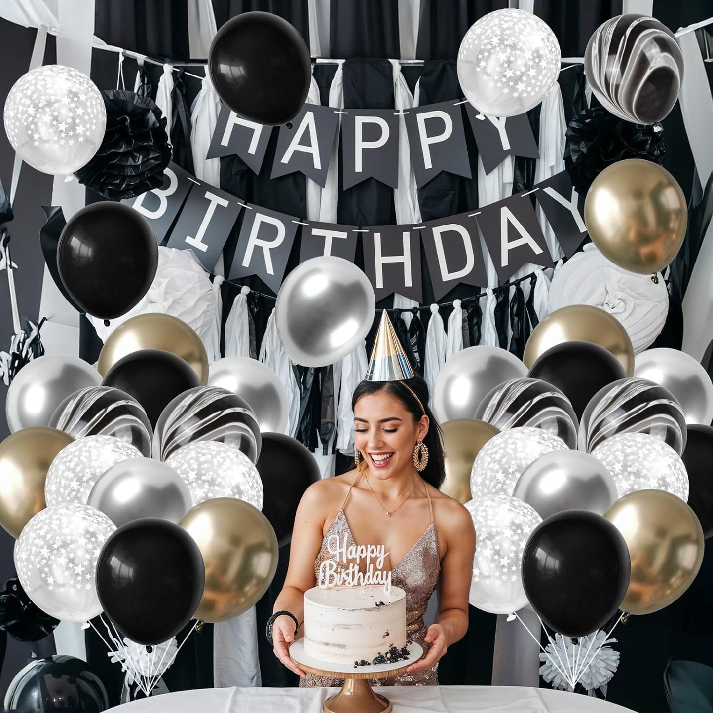 Black Gold Silver Balloon Set, 12 Inch Marble Black and Metallic Chrome Gold Silver with Clear Star Print Grad Latex Balloons for Boy Girls Birthday Party Graduation Retirement Baby Shower Decorations