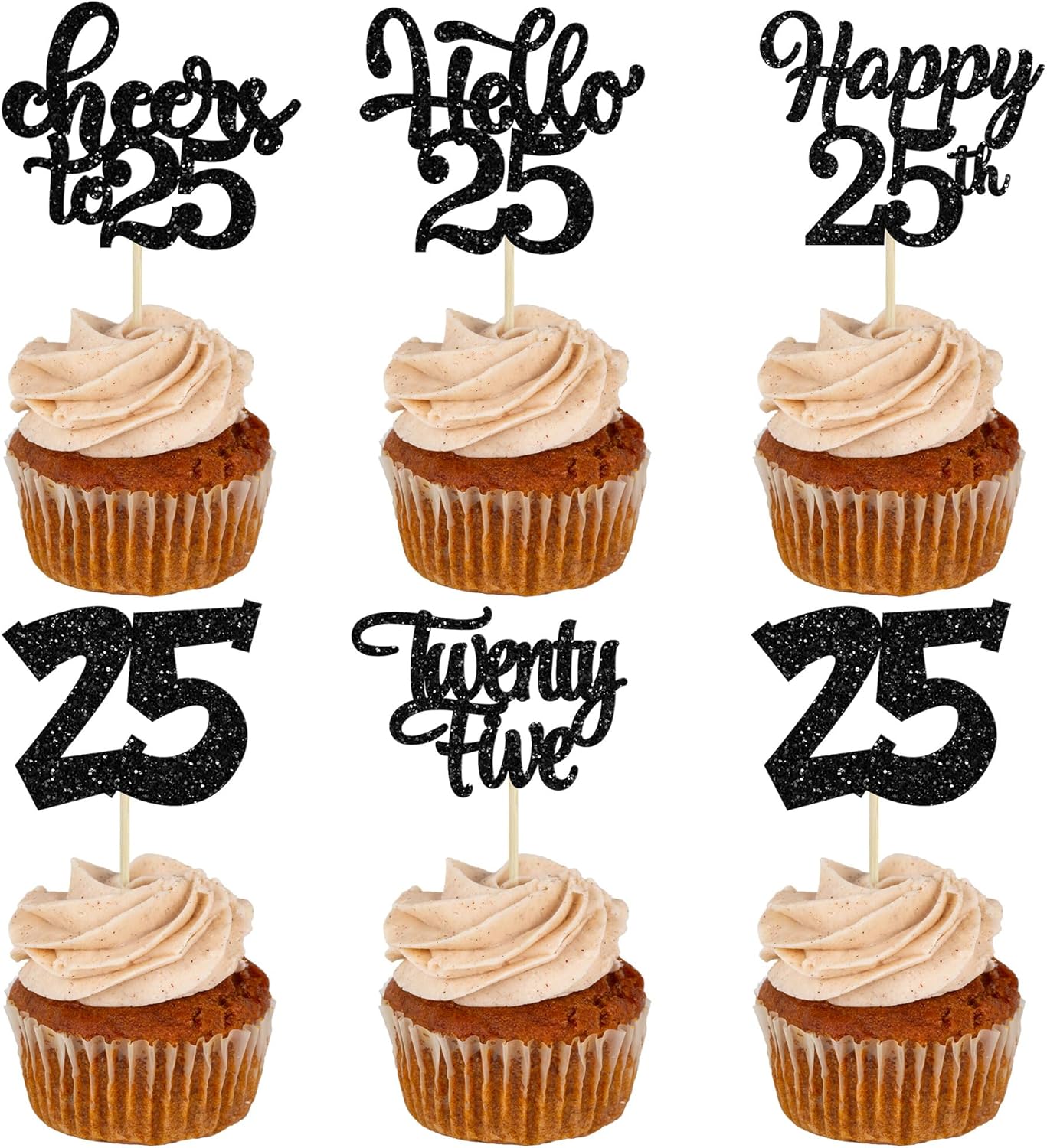 30pcs 25th Birthday Cupcake Toppers - 25th Anniversary Cake Decorations with Black Glitter