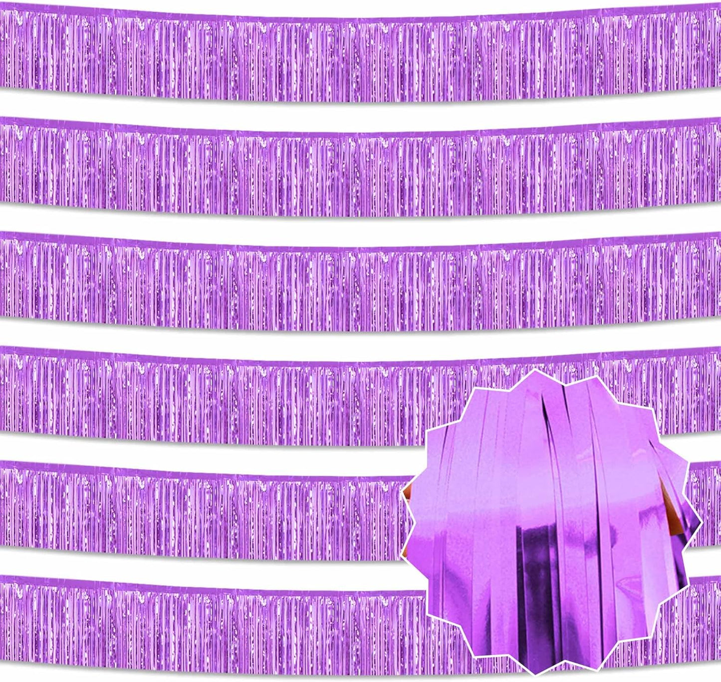 6 Pack 10 Ft Light Purple Foil Fringe Garland Metallic Streamers Tinsel Banner Wall Hanging Garland Backdrop for Parade Floats, Halloween, Christmas, Thanksgiving, New Year Party Decorations