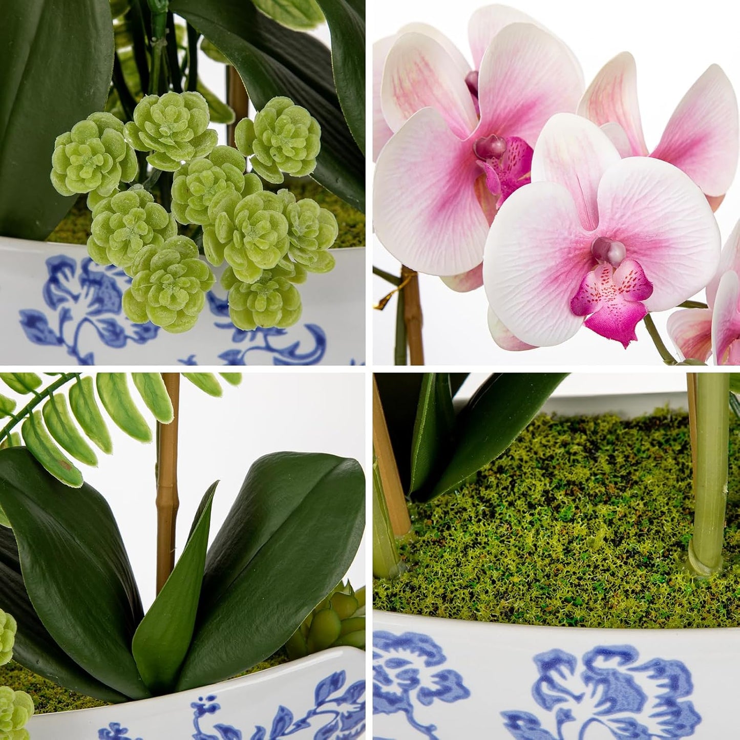 Briful Orchid Artificial Flowers 18in Pink Fake Orchid Silk Flowers with Blue and White Ceramic Pot Faux Phalaenopsis Arrangement for Home Office Room Dining Table Centerpiece Modern Decor