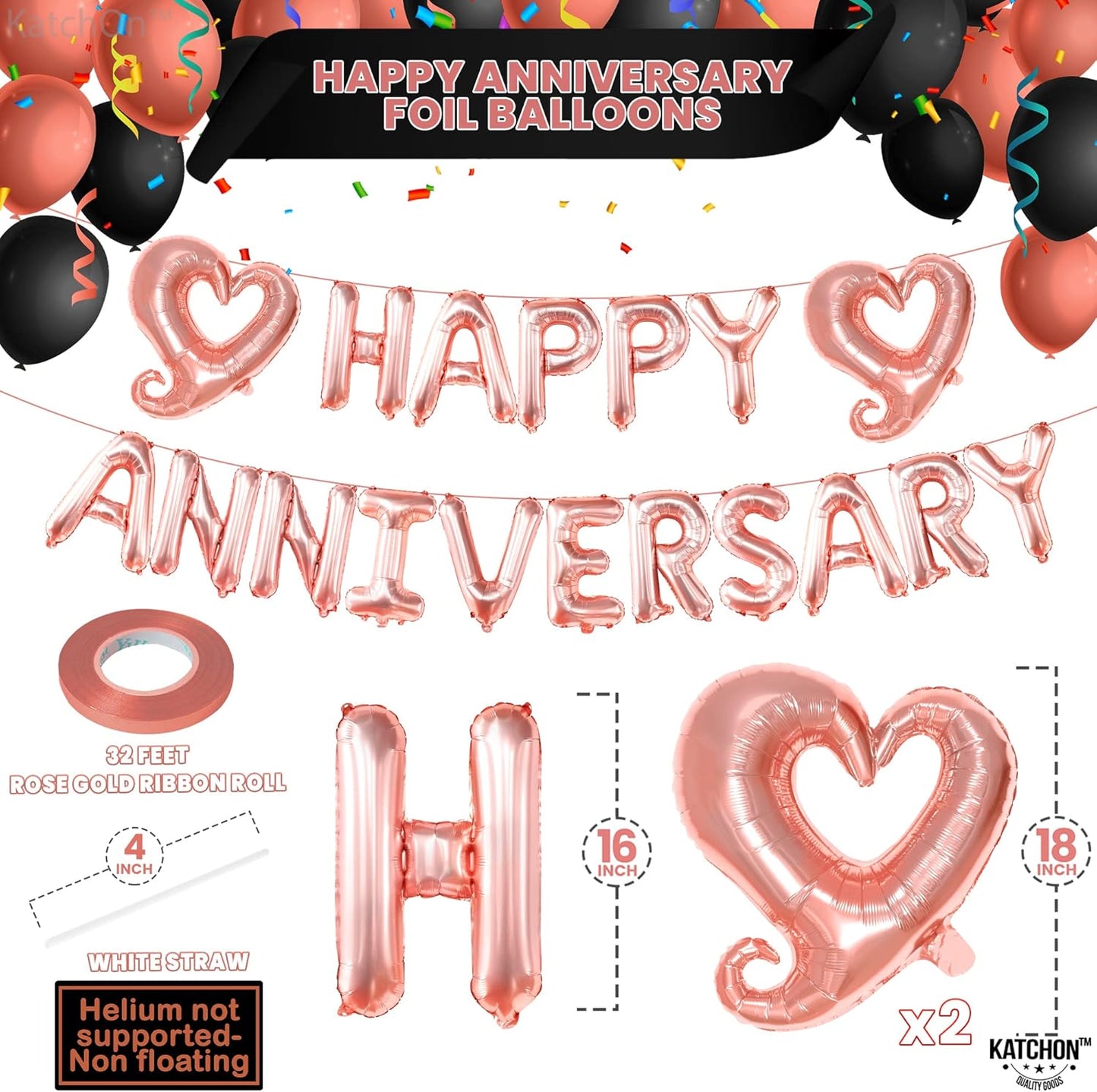 KatchOn Rose Gold Anniversary Balloons - 18 inch Letters, Hook Heart | Rose Gold Anniversary Banner & Backdrop