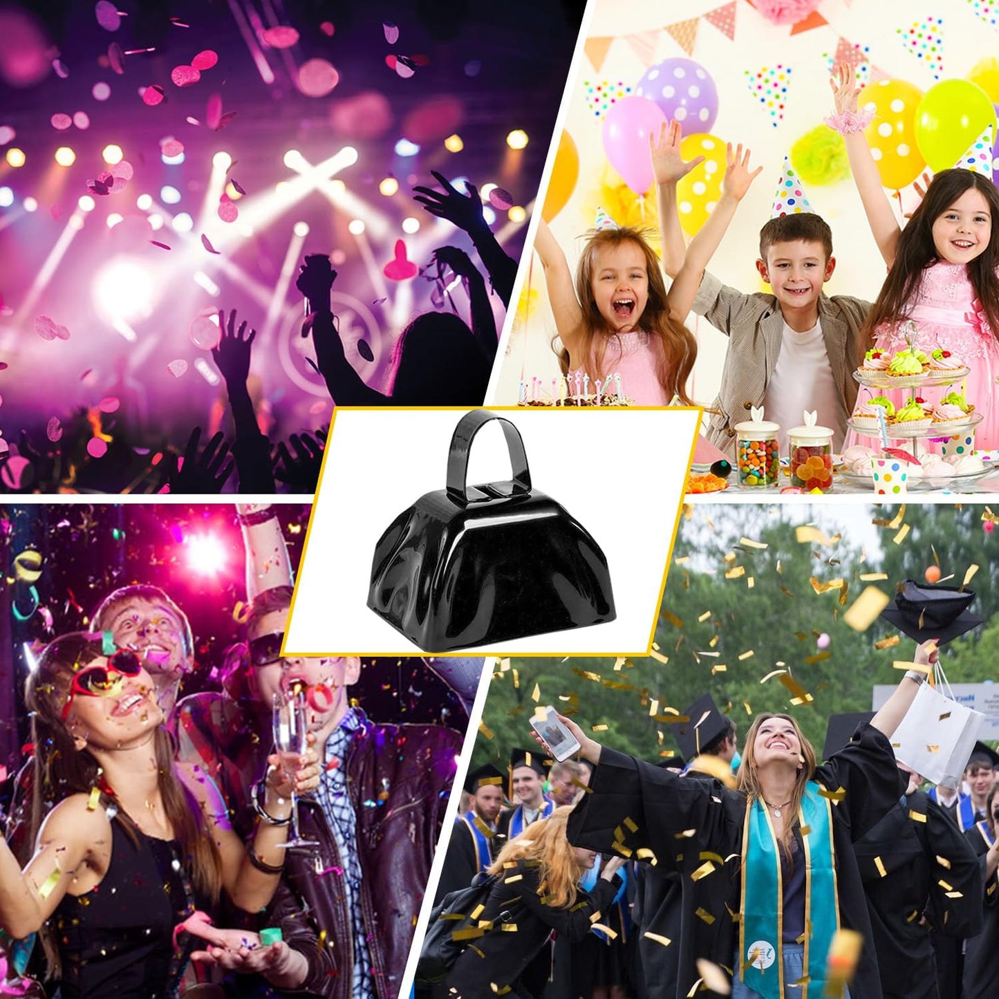 Metal Cow Bell Noise Maker - 3 Inch Pack of 4 - Small Loud Metal Cowbell Noisemaker with Handle - Great for Football Games, Sporting Events, Weddings, New Year's Eve, Birthday Parties