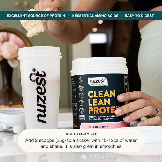 Nuzest - Pea Protein Powder - Clean Lean Protein, Premium Vegan Plant Based Protein Powder, Dairy Free, Gluten Free, GMO Free, Protein Shake (1.1 Pound (Pack of 1), Wild Strawberry)