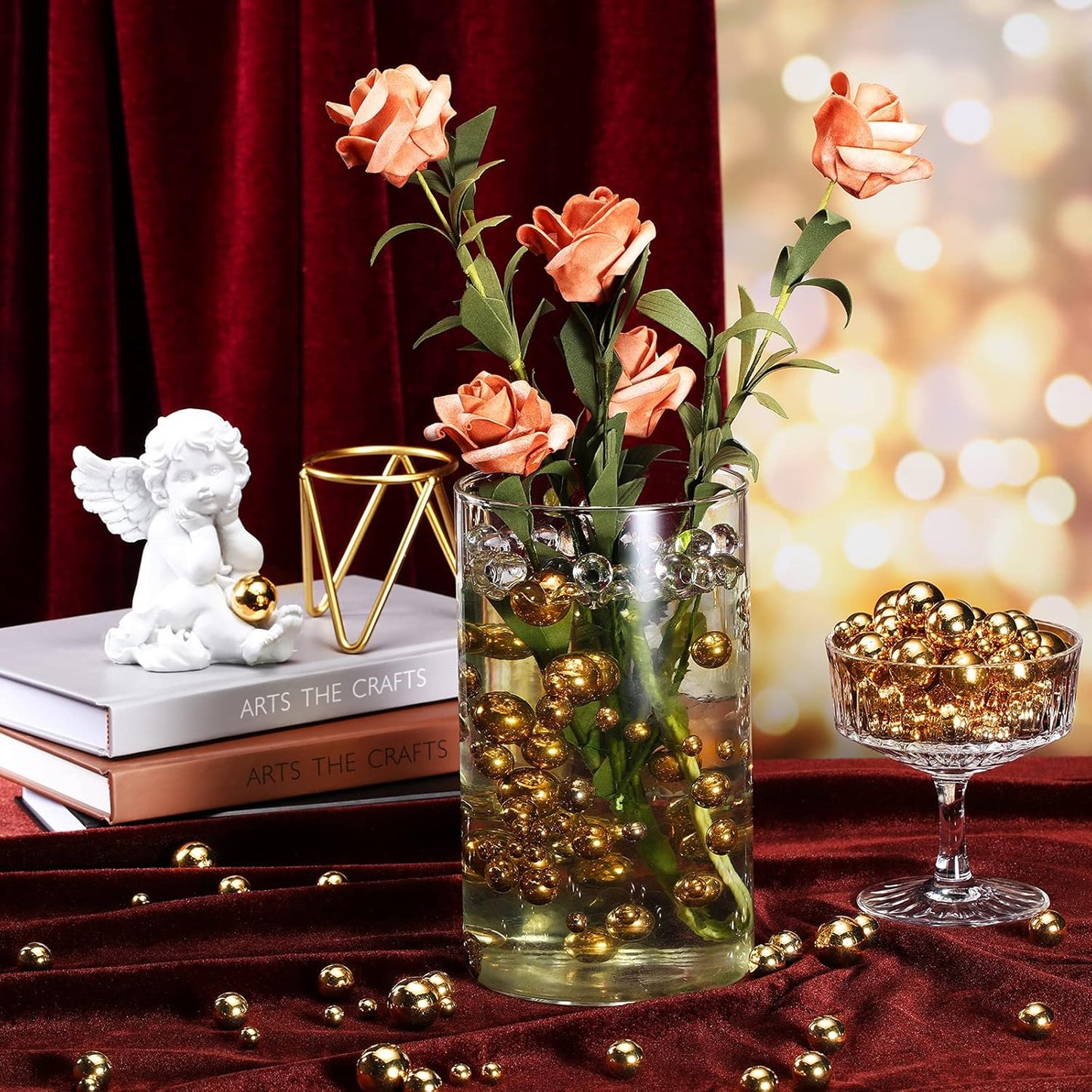 150 Pieces Vase Filler Faux Pearls Vase Makeup Beads No Hole Gloss Bead Mixed Sizes Round Pearl for Home Party Wedding Decor, 8/14/20 mm(Gold)