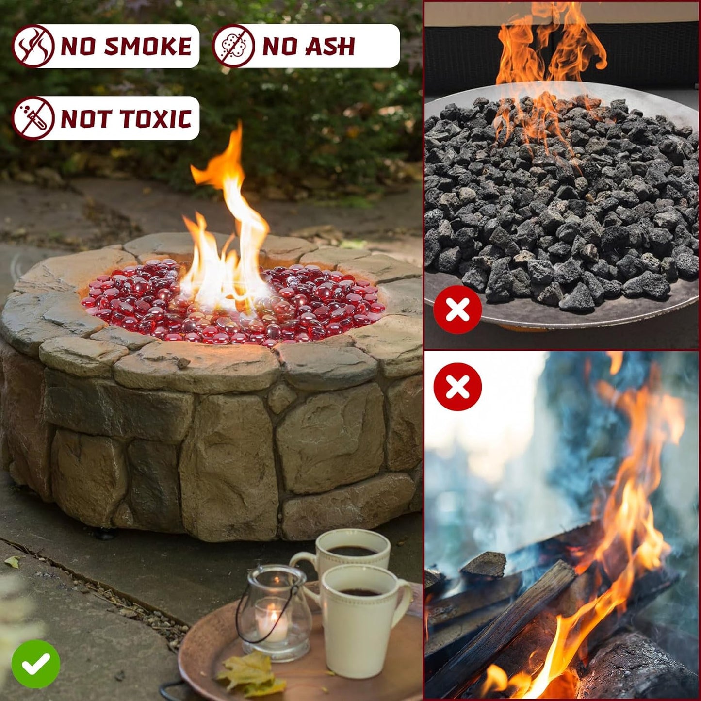 Fire Pit Glass Beads, Red Luster Reflective Tempered Glass Rocks for Natural, Propane or Gas Fireplace, Fire Pit Table, Marbles for Vase, Landscaping, Home Decor, 10lb