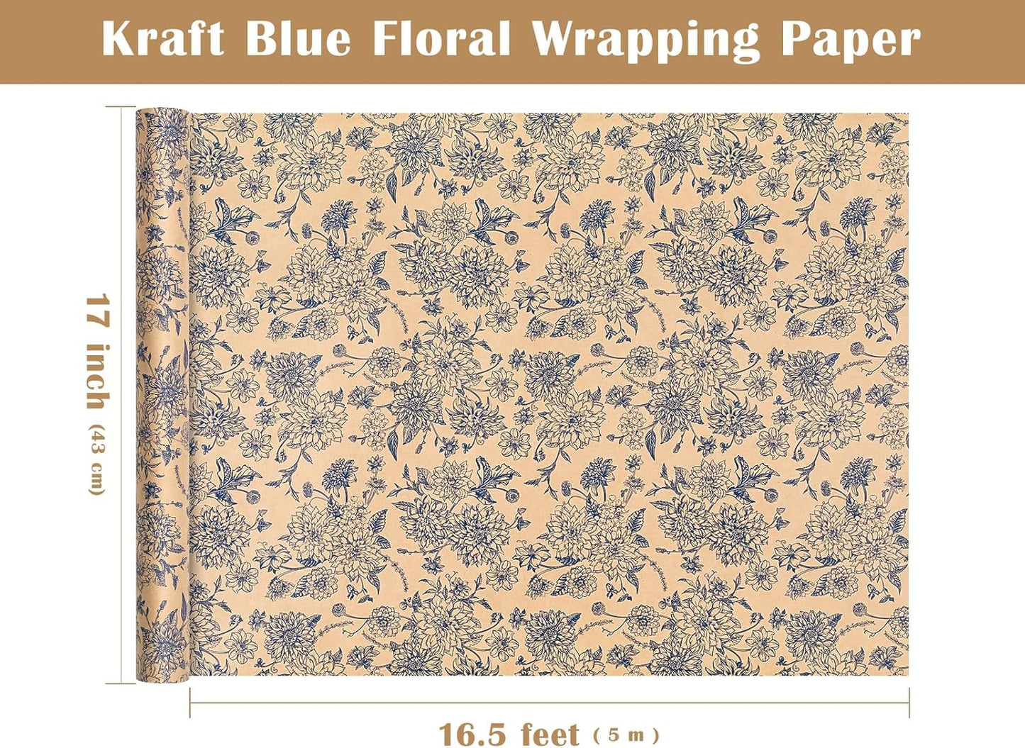 WRAPAHOLIC Kraft Blue Floral Wrapping Paper - Mini Roll - 17 Inch x 16.5 Feet - Vintage Blue Toile De Jouy Flower Wrapping Paper Perfect for Wedding, Birthday, Bridal Shower, Tea Party