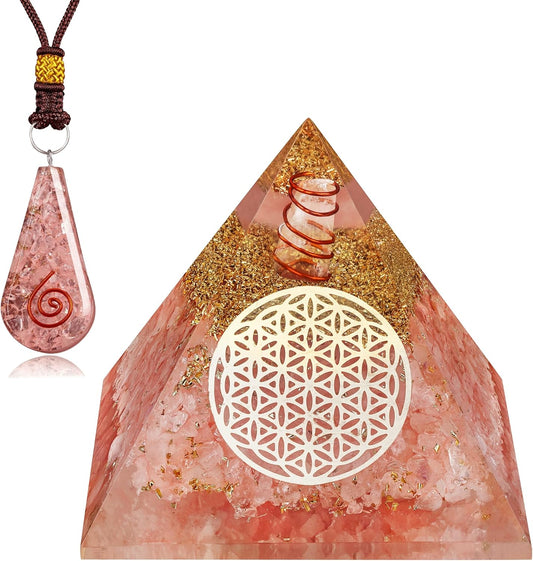 Chakra Healing Crystal Pyramid with Pendant Necklace Unique Birthday Gifts for Womens, Mom, Rose Quartz Orgone Pyramid for Meditation, Balance, Positive Energy, Success, Aesthetic Room Décor