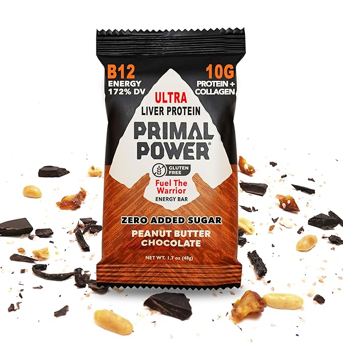 Primal Power Liver Powered Nutrition Bars - B12 Energy Boost, 10g Protein, Vitamins, Minerals, Collagen, Zero Added Sugar, Gluten Free - Pack of 12 (Peanut Butter Chocolate Flavor)