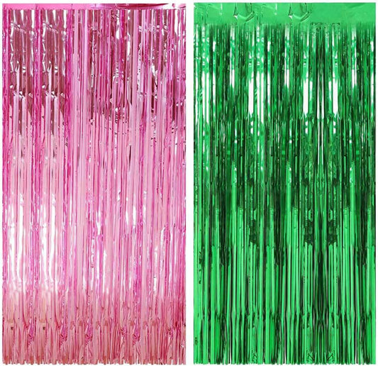 CANREVEL 2 Pack 3.3x6.6 Feet Pink and Green Foil Fringe Backdrop Curtains, Tinsel Streamers for Wicked Witch Merch Decor Birthday Party, Graduation, Halloween Party Decorations