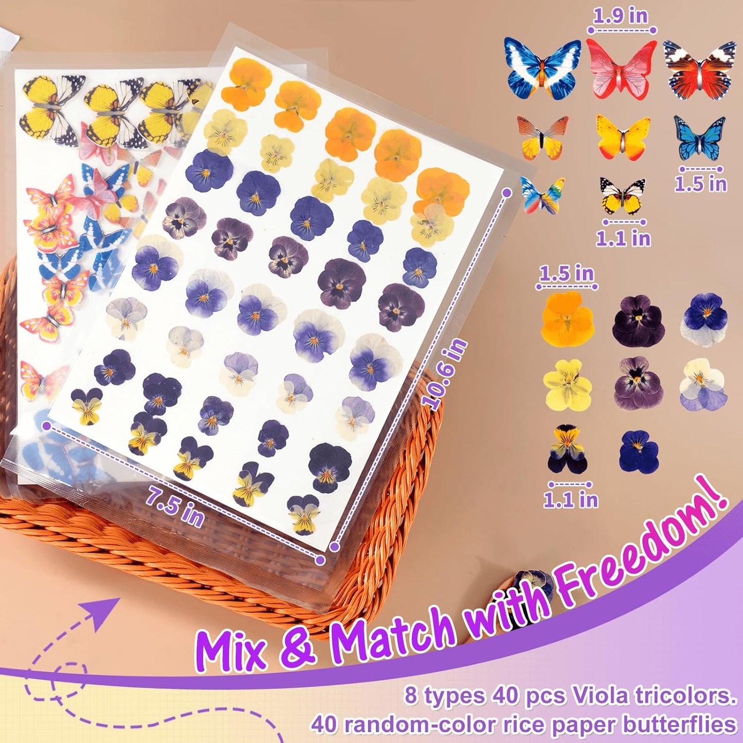 80 Pcs 8 Kinds Natural Real Dried Pressed Edible Flowers & Edible Butterflies for Cake Topper Decorating - Mix Viola Tricolor for Cupcake Toppers, Cocktails, Resin Jewelry Making, DIY Art Crafts