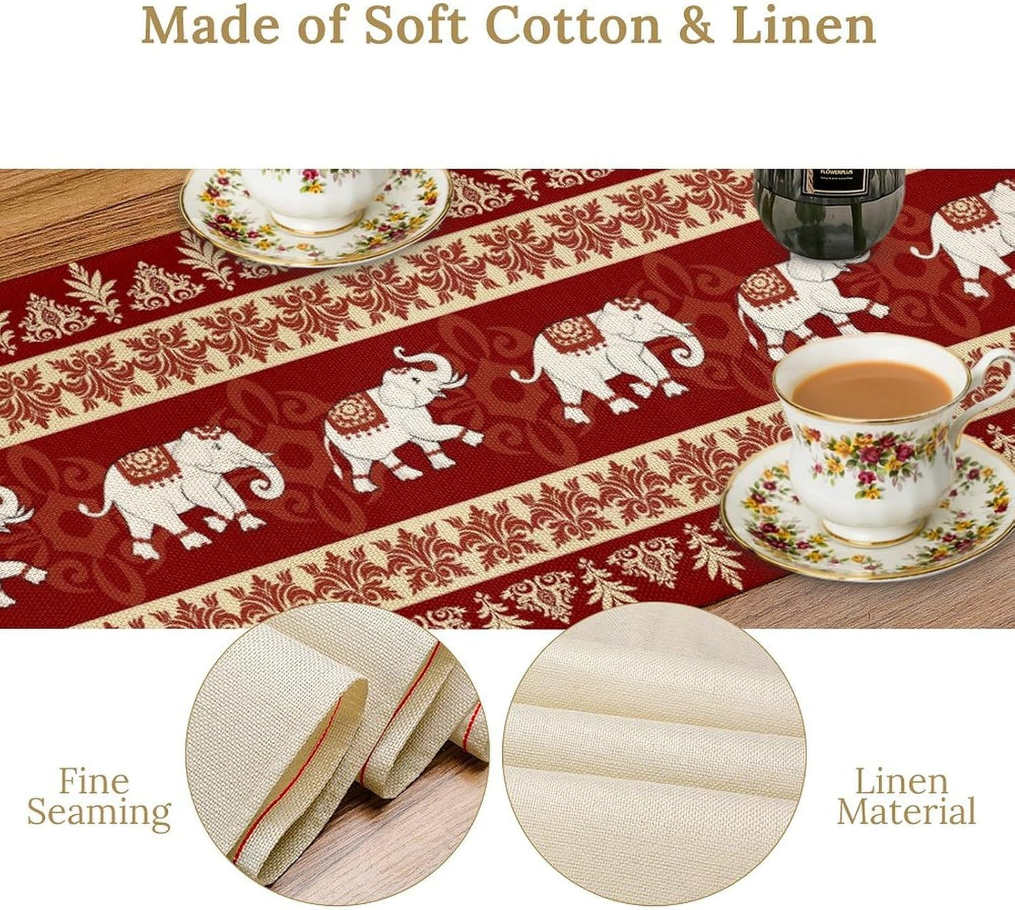 Boho Elephant Table Runner, Vintage Tribal Traditional African Animals Ethnic Folk Red Table Center Decor for Home Kitchen Dining Patio Holiday Party Indoor Outdoor Table Decorations, 13"x108" Inch