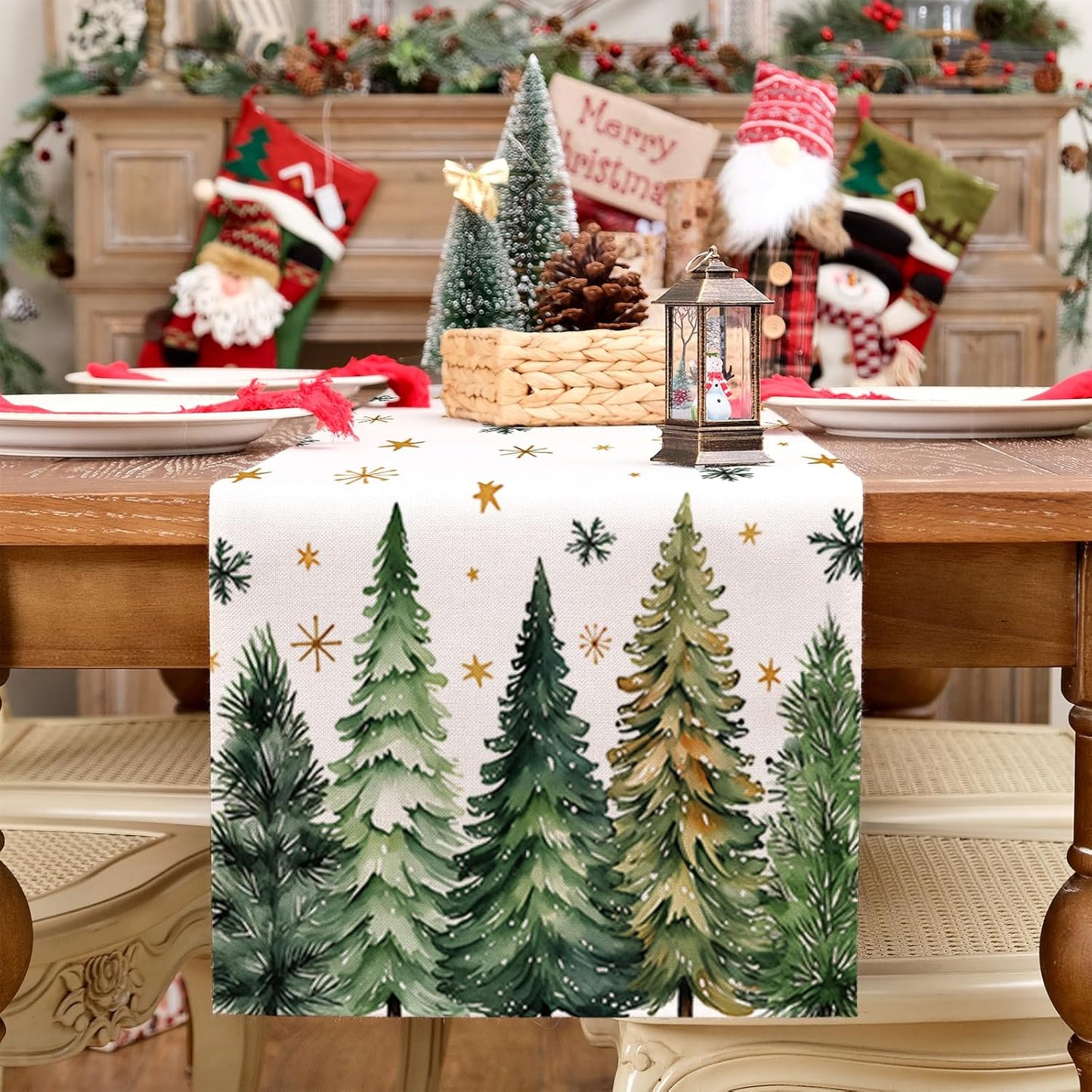 GEEORY Christmas Table Runner 13x108 Inch, Xmas Tees Snowflakes Holiday Decorative Farmhouse Table Decoration for Kitchen Dinning, Indoor Outdoor Dinner Party Decor (Light Green) GT166-108