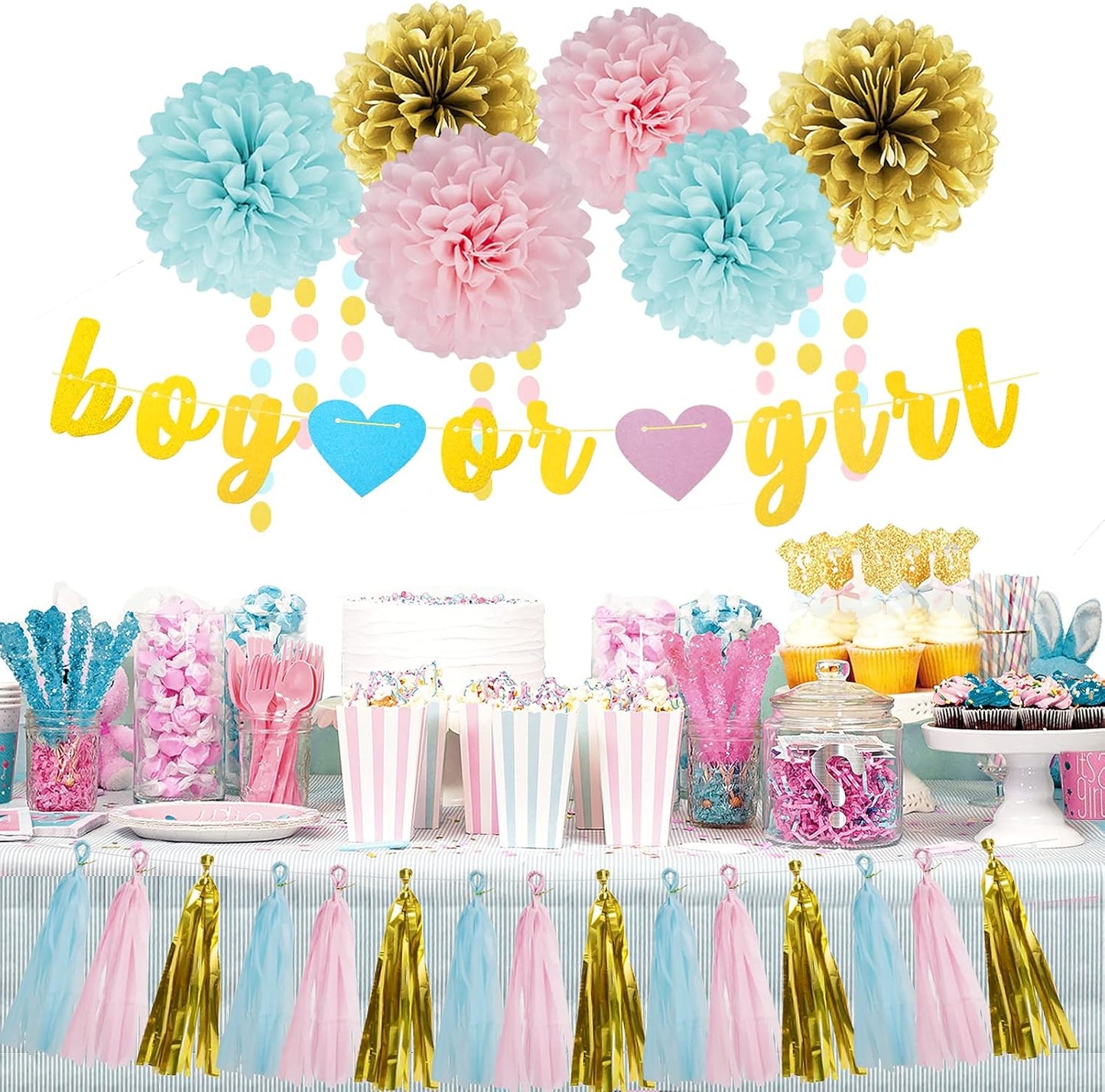 Gender Reveal Decorations Blue Pink - 23pcs Tissue Paper Flowers Pom Poms Boy Or Girl Banner Tassel Garland Streamers Baby Party Supplies Gender Reveal Theme Gold Hanging Decor Ideas