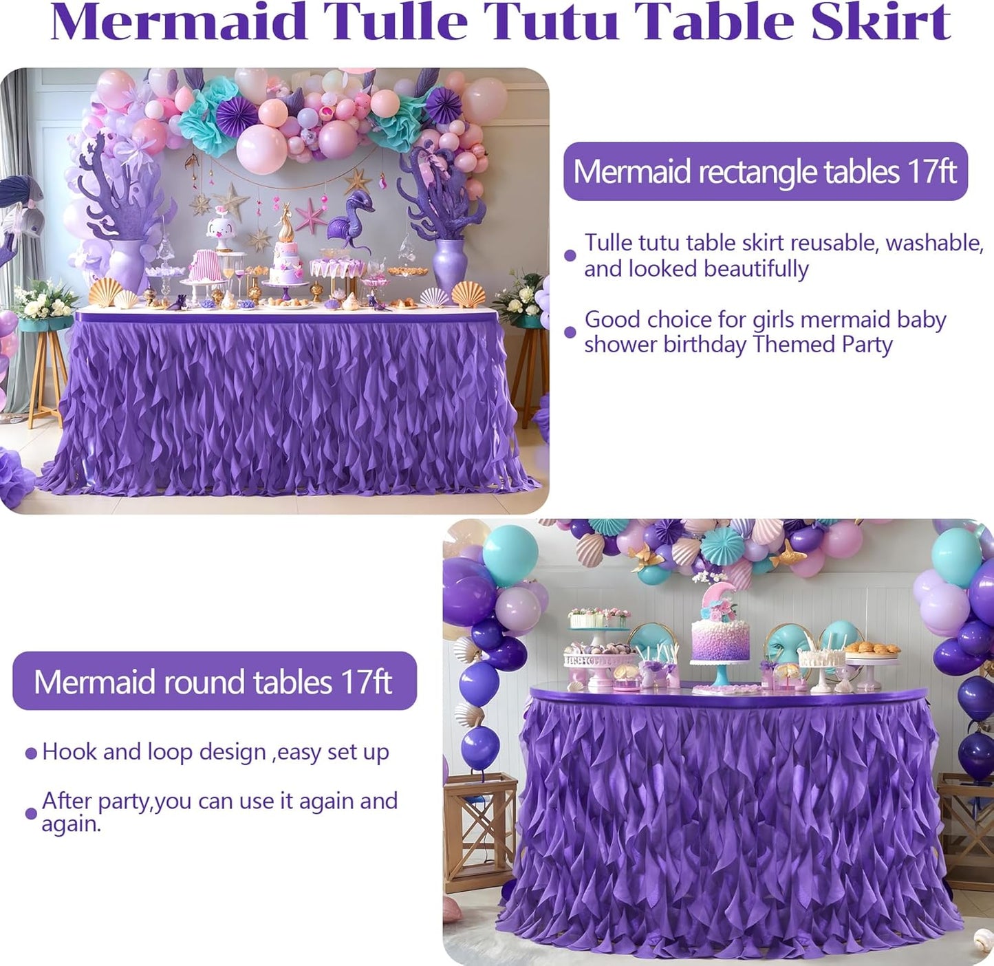 Partisky Mermaid Purple Tulle Curly Willow Table Skirt for Rectangle Table 17ft, Ruffle Tutu Table Cloth for Girls Boys Baby Shower,Mermaid Birthday Party