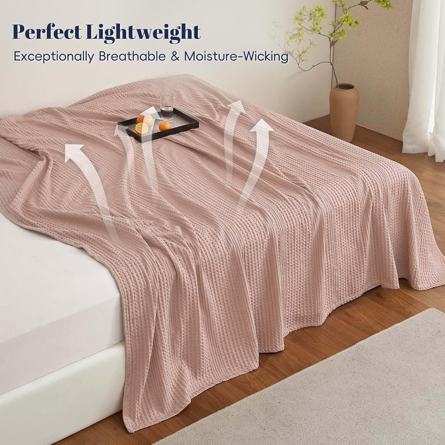 PHF Lightweight Waffle Weave Blanket Queen Size, Breathable & Ultra Soft, 90"x 90" Soft & Cozy Thin Blanket for All Season & Hot Sleepers, Bed, Home Decor - Rose Pink