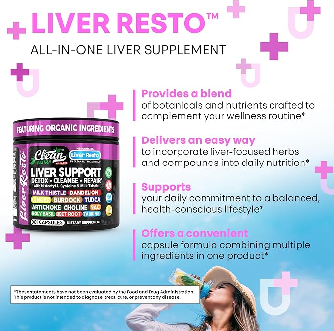 Clean Nutra Liver Cleanse Detox & Repair Supplement Milk Thistle, NAC, TUDCA, Dandelion Root, Artichoke, Choline, Ginger, Beet Root, Burdock, Taurine, Liver Resto 90 Capsules