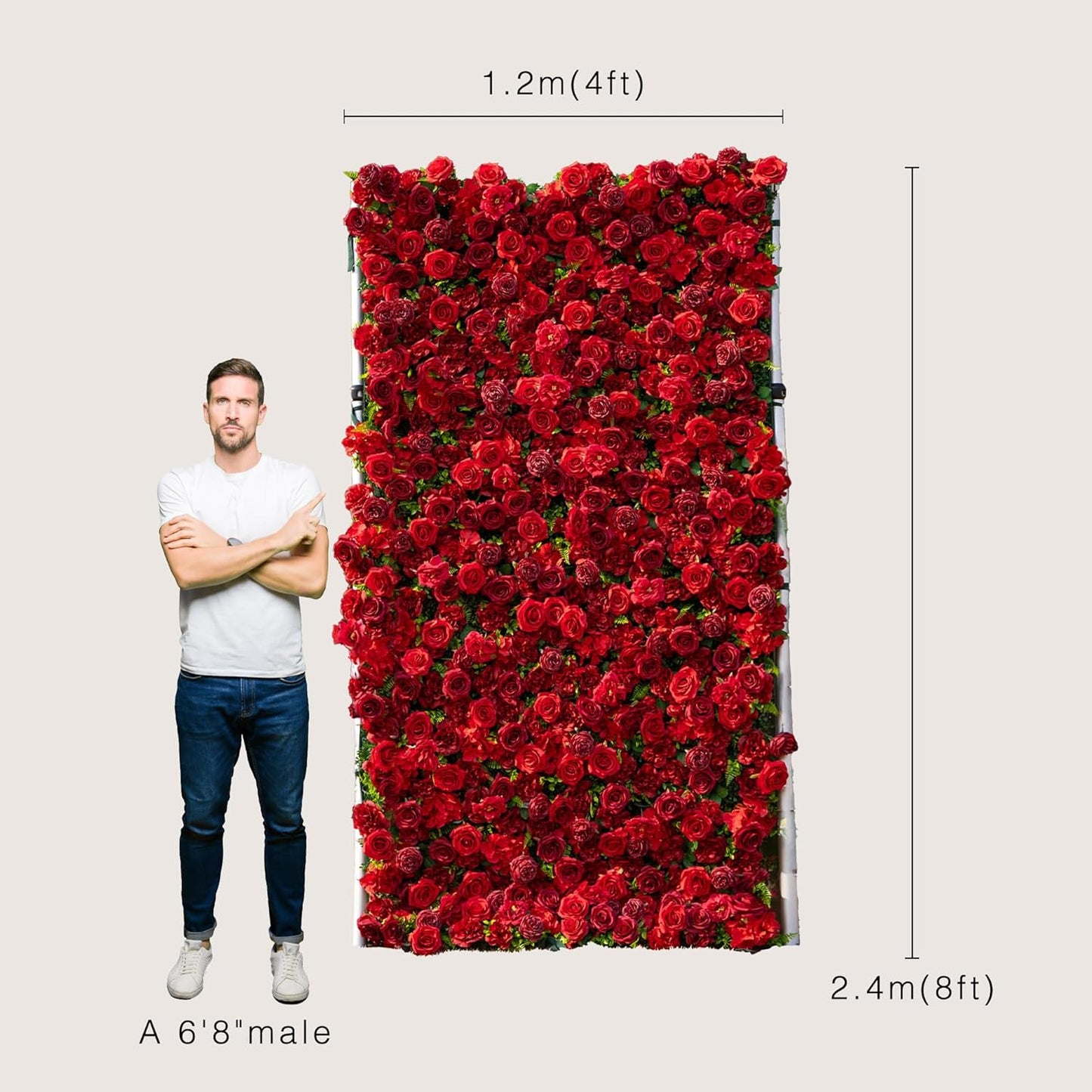 Artificial Flower Wall Panels, Luxury 5D Silk Red Rose Backdrop Decor for Wedding Celebrations, Festive Party and Home Decorating, Quick Assembly and Storage, both Eco ＆ Pet Friendly, 4ft*8ft.