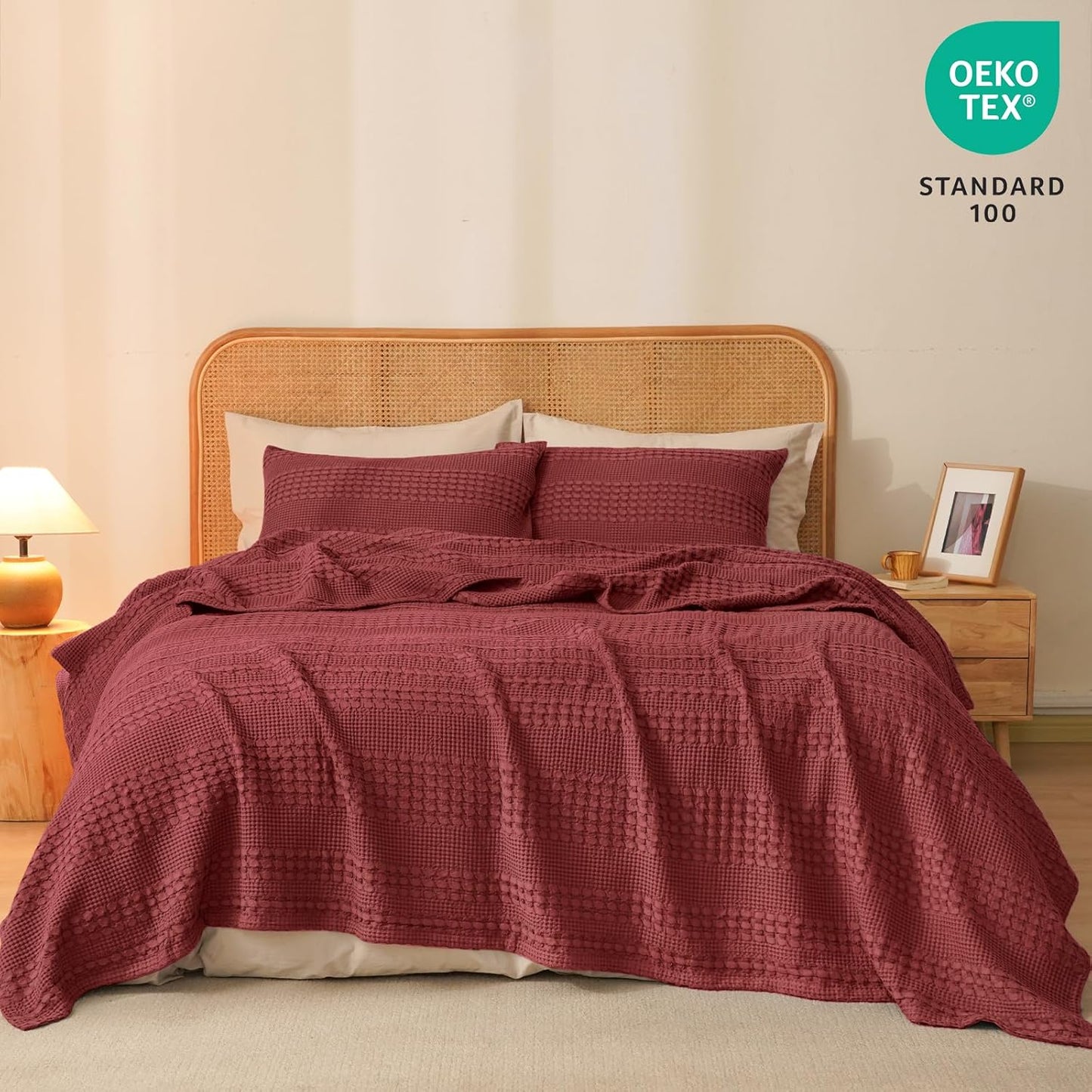 PHF 100% Cotton Waffle Weave Blanket Queen Size for Bed, Soft Lightweight & Breathable, All-Season Comfort, Luxury Aesthetic Woven Bedding for Home Decor, 90"x90", Wine Red