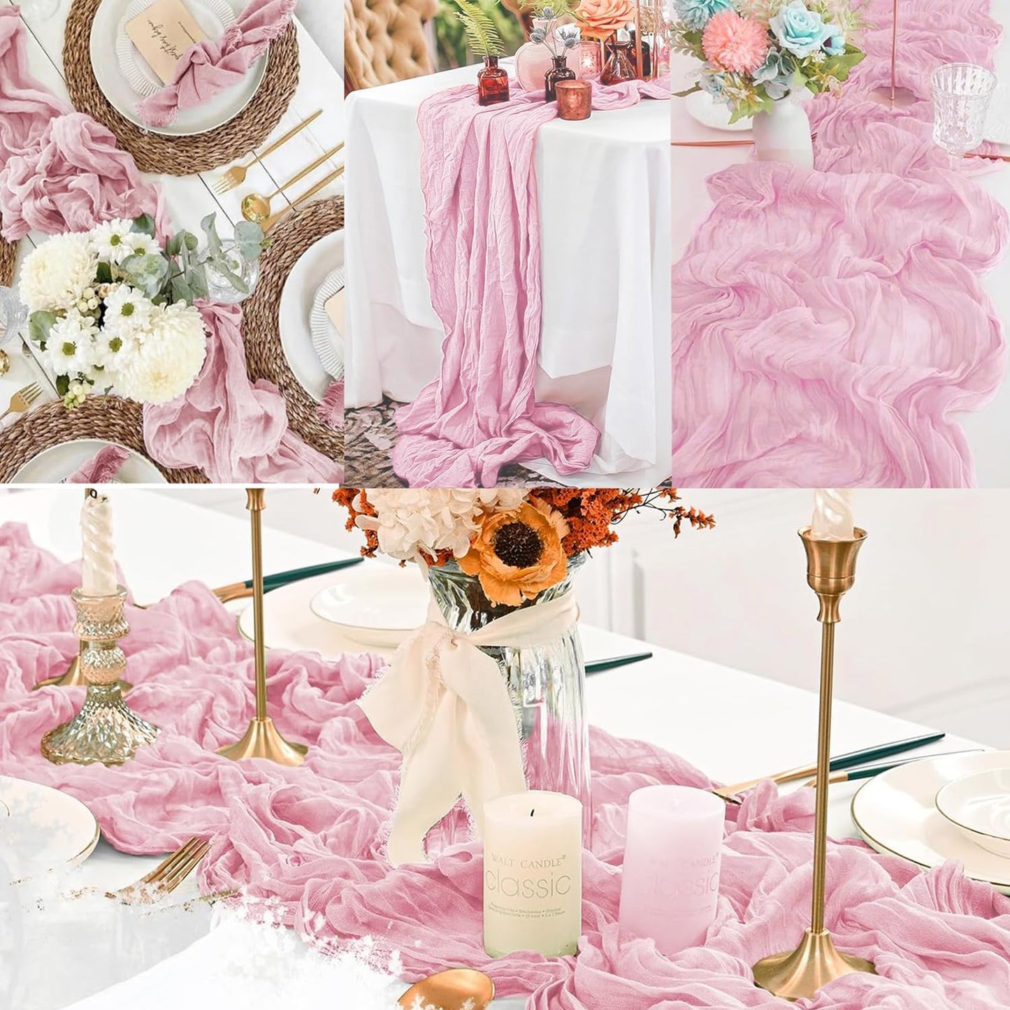 Light Pink Cheesecloth Table Runner 6 Pack 10FT Rustic Gauze Fabric Cheese Cloth Table Runner for Wedding 20 x 120 Inch Long Bridal Baby Shower Table Decorations Boho Sheer Birthday Party Table Decor