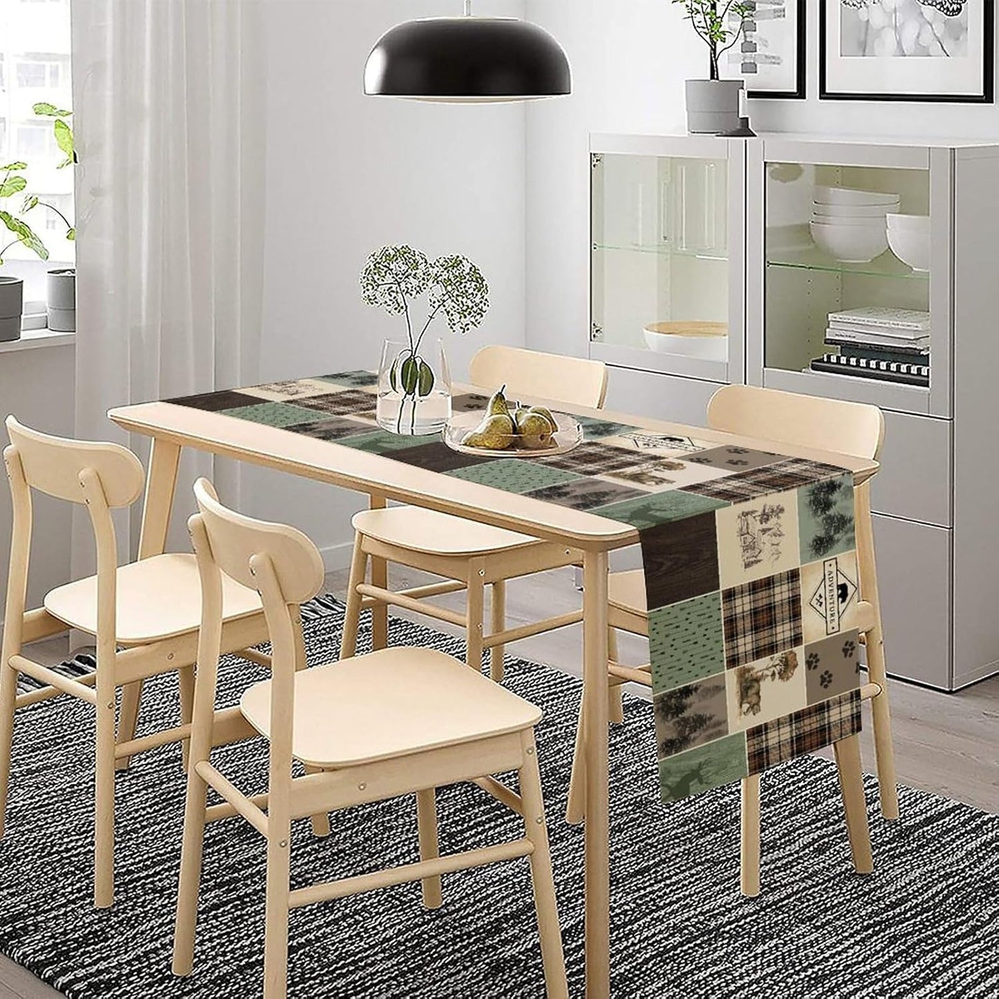 Bear Deer Table Runner,Rustic Lodge Retro Country Farmhouse Buffalo Plaid Print Tablecloth Burlap for Hotel Indoors Outdoor Dining Room Kitchen Home Decor,W13X L70 in