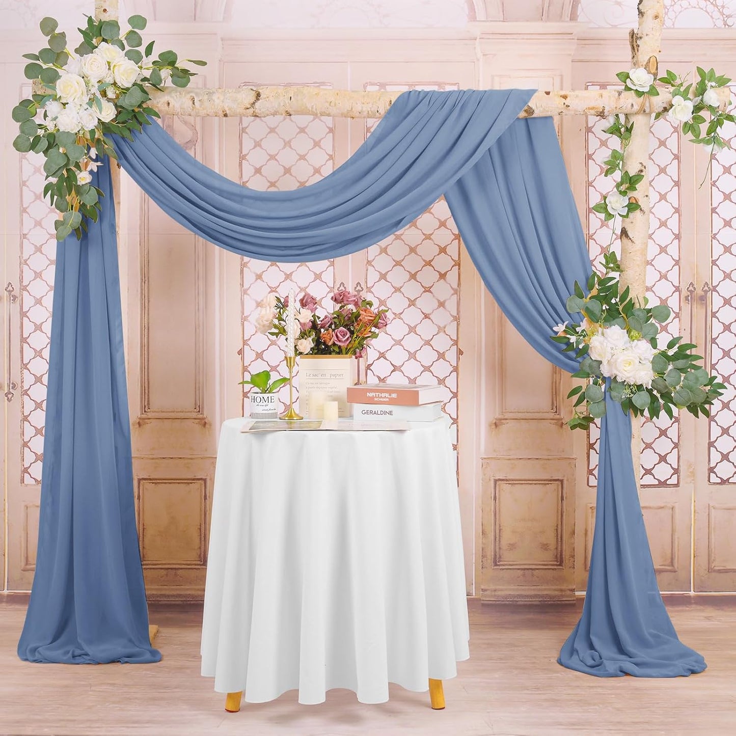 Wedding Arch Draping Fabric, 4 Panels 28" x20ft Dusty Blue Sheer Chiffon Curtain Drapes for Wedding Drapes Sheer Backdrop Curtains for Wedding Ceremony Reception Party Decoration