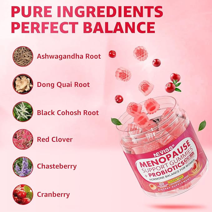 Sugar Free Menopause Supplement Gummies for Women, Menopause Probiotics (10 Billion CFU) Filled Gummy with Ashwagandha, Dong Quai & Black Cohosh for Hot Flashes, Night Sweats, Mood Swings, Gut Health