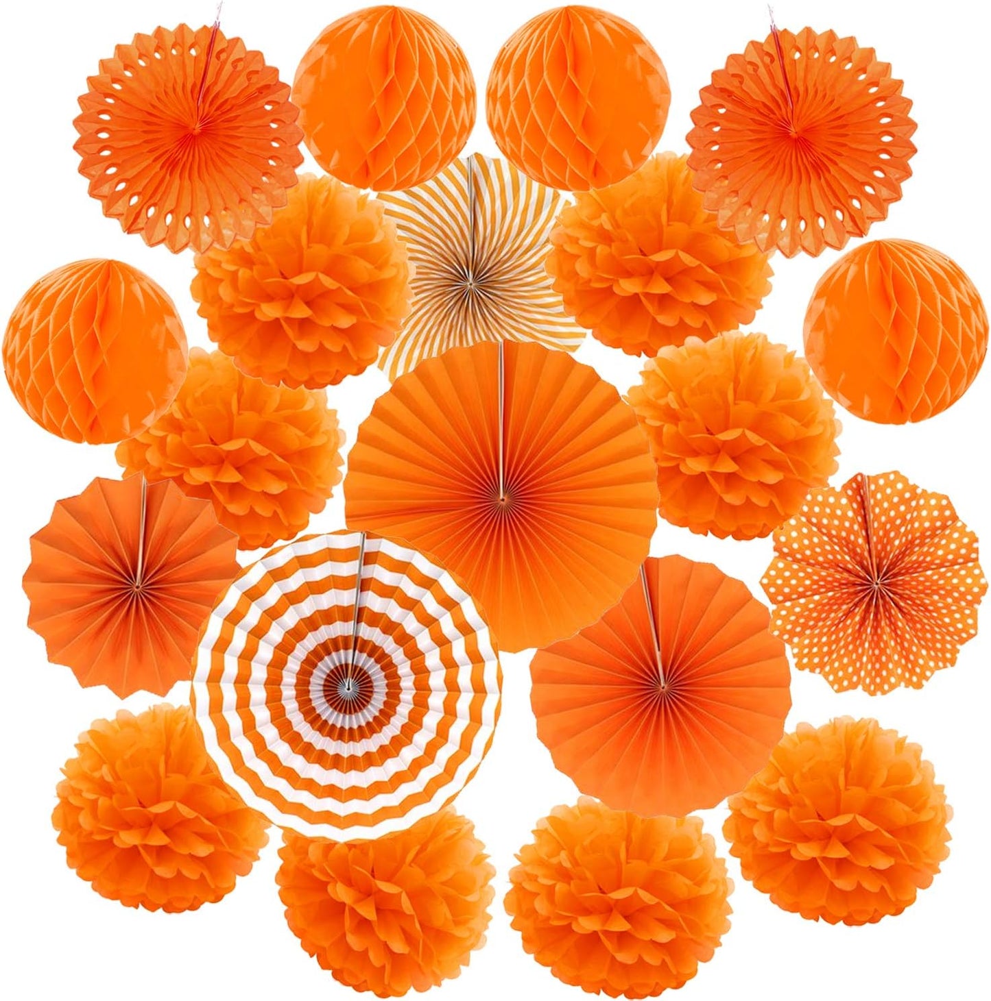 Hanging Paper Fan Set, Tissue Paper Pom Poms Flower Fan and Honeycomb Balls for Birthday Baby Shower Wedding Festival Decorations - Orange