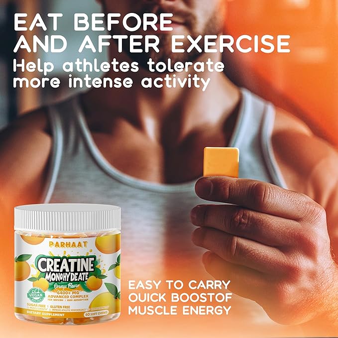 Creatine Monohydrate Chews Complex 6400mg for Men & Women -Advanced Formula W/L-Taurine + Vitamin B12, Sugar Free Chewable Supplement,60 Orange Softchews