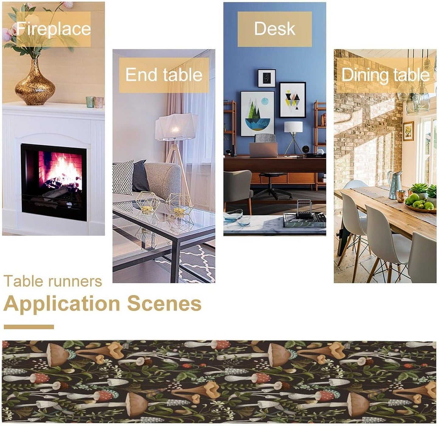 Mushroom Table Runner,Retro Forest Wildflower Botanical Plants Flower Art Pattern Print Burlap Hotel Indoors Outdoor Dining Room Kitchen Holiday Party, 13x36in