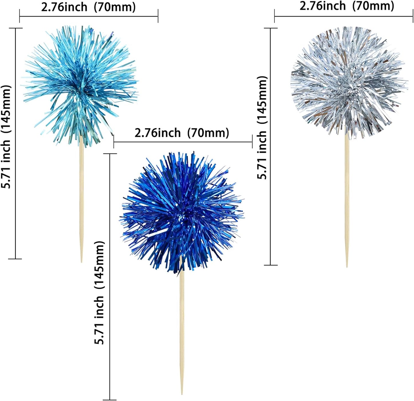 Gyufise 30Pcs Foil Firework Cupcake Toppers Sparkle Tinsel Cake Toppers Tinsel Drink Cake Decoration Cocktail Picks for Birthday Wedding Graduation Party Supplies Blue Silver