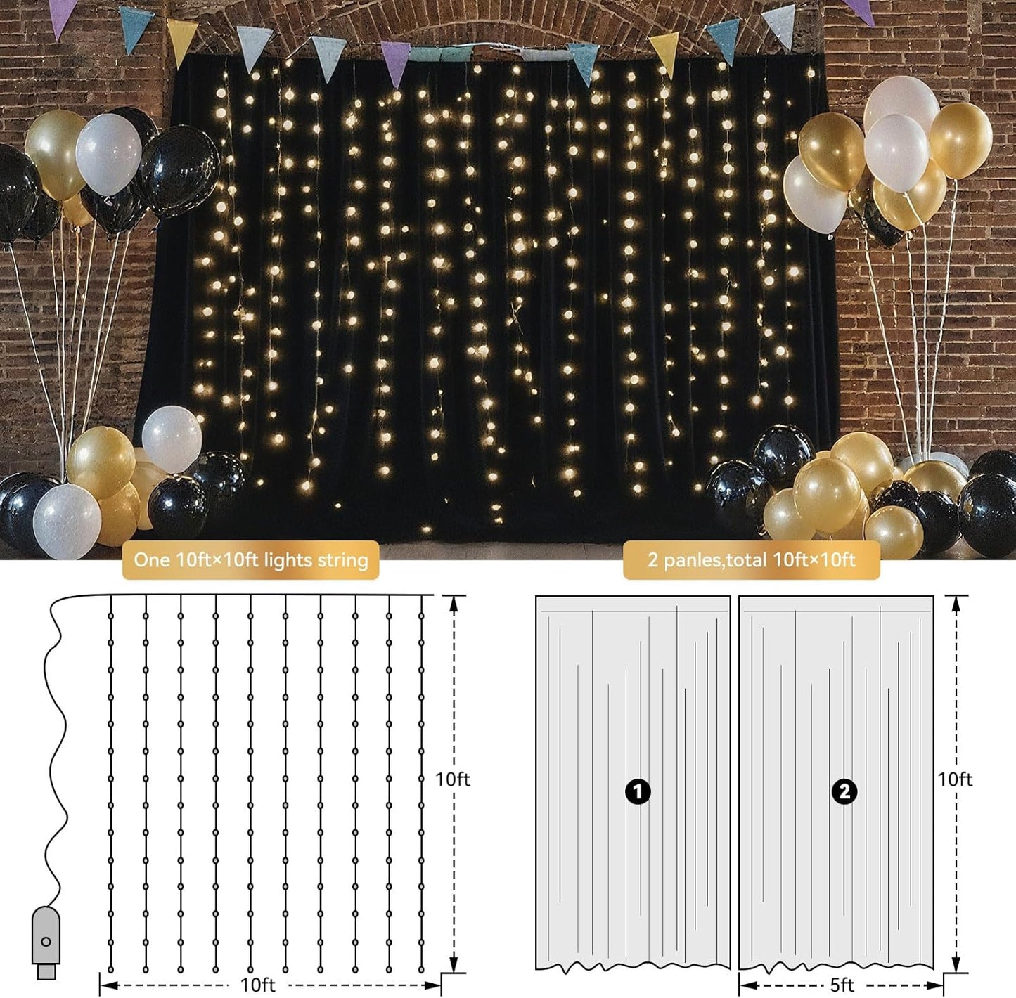 Ledido 10×10ft Tulle Backdrop Curtains with Lights String - 300LED Fairy Lights Sheer Curtain Backdrop for Weddings Baby Shower and Birthday Party Decorations(2 Panels 5×10ft)