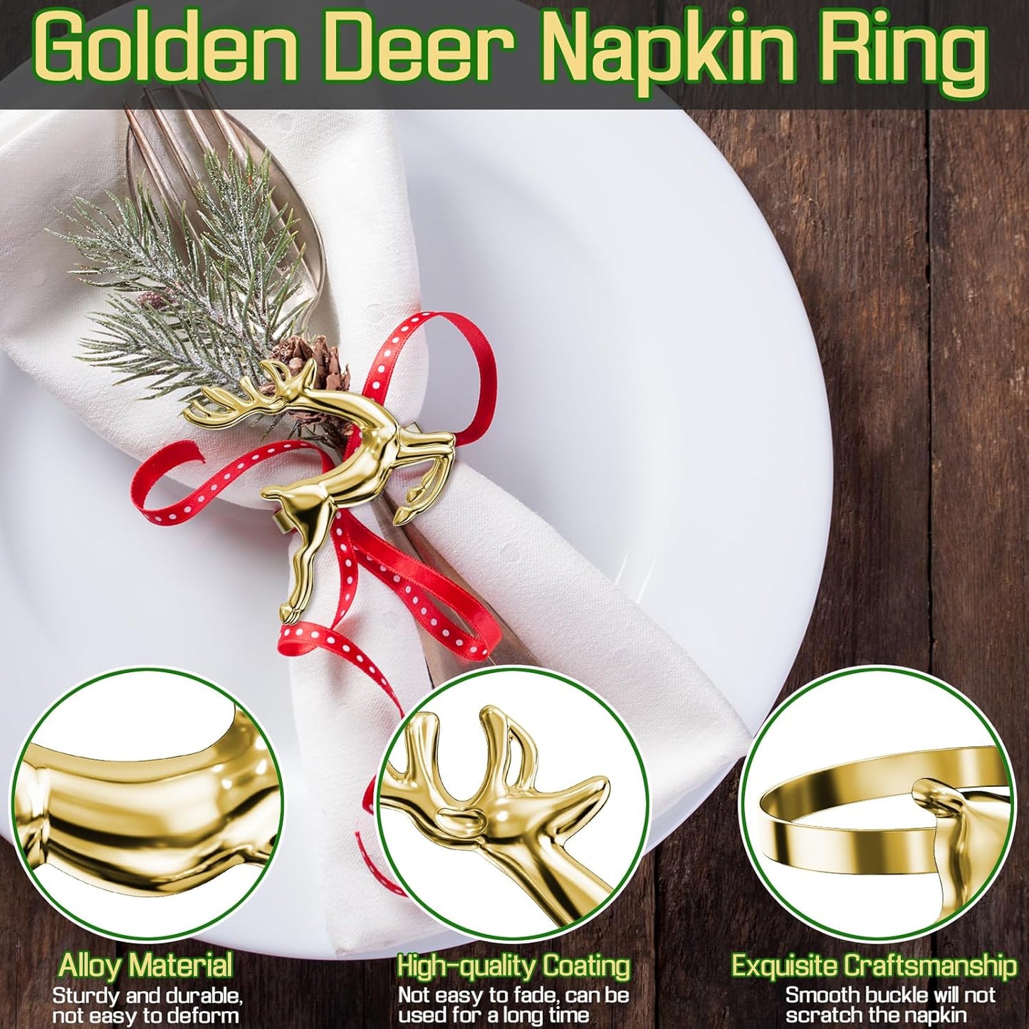 ZeeDix Gold Reindeer Christmas Napkin Rings Set of 8, Napkin Holder Ring for Christmas Dinner Table Decor Cloth Napkins, Wedding Receptions, Holiday Party, Banquet and Home Kitchen