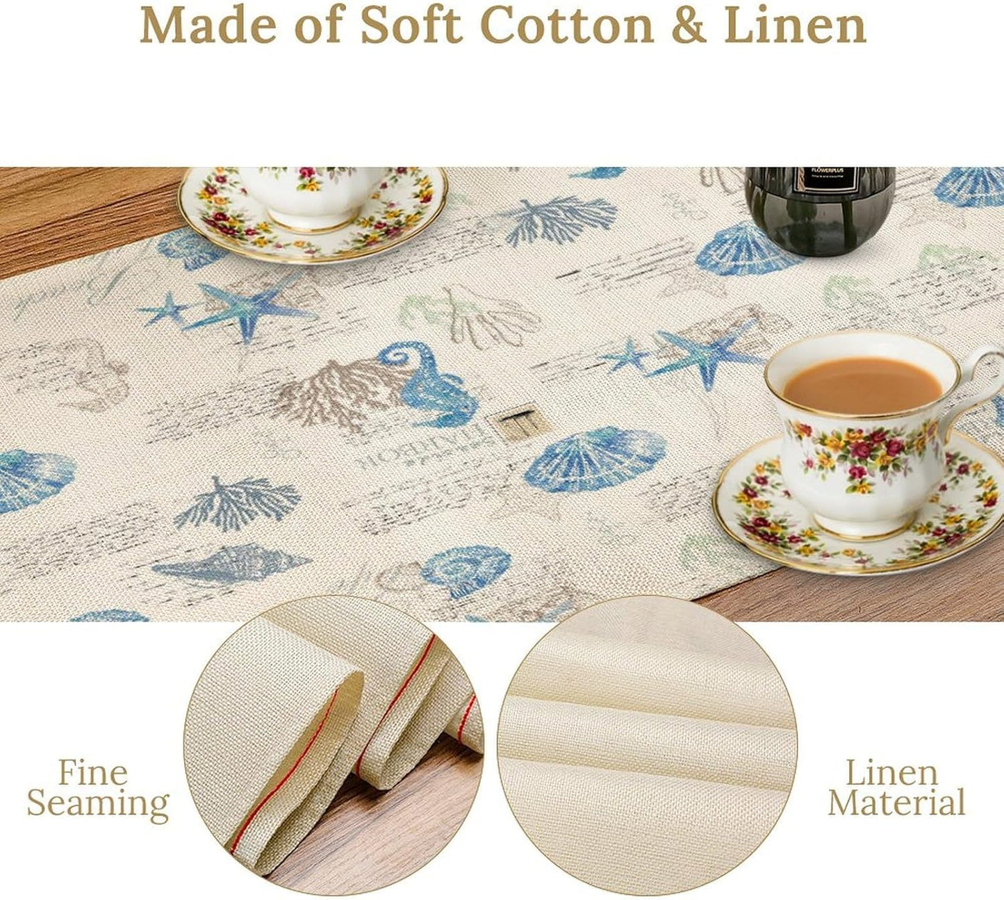 Starfish Table Runner,Vintage Nautical Seashell Tropical Beach Theme Coastal Ocean Sea Burlap for Hotel Indoors Outdoor Dining Room Kitchen Tablecloth, 13x36in