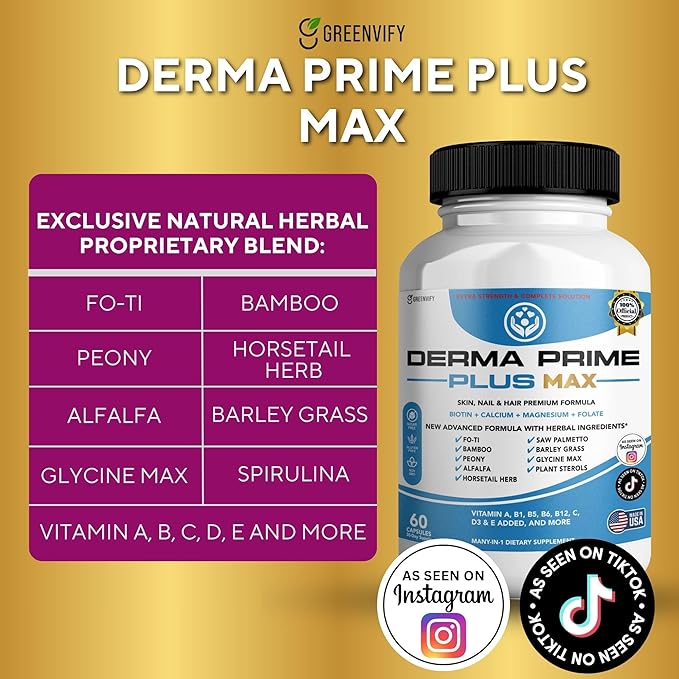Derma Prime Plus Max Hair Skin Nail Supplement, 60 Capsules, with Biotin 5000mcg, Vitamins, Minerals, Herbal Blend (5)
