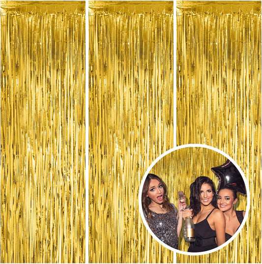 3 Pack Gold Fringe Backdrop Curtain Tinsel Party Streamers Birthday Party Decorations New Year Photo Booth Backdrop Halloween Christmas Graduation Bachelorette Theme Party Decorations