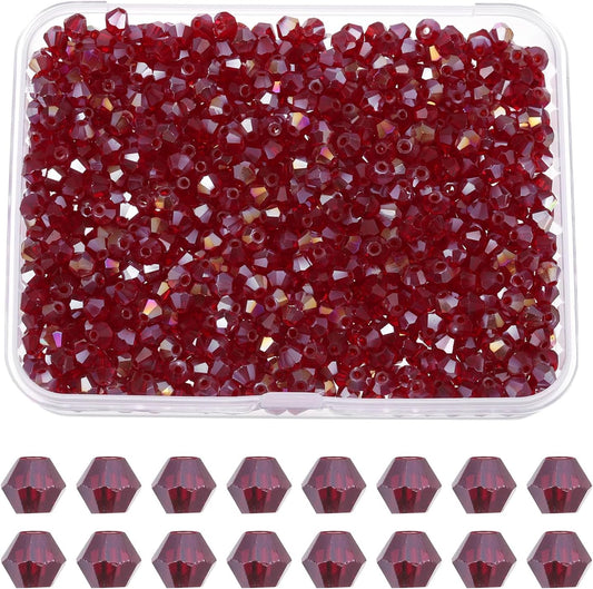 PATIKIL 1000pcs 3mm Bicone Glass Crystal Beads, Faceted Glass Spacer Beads with Box for Jewelry Making Bracelet Necklace Earrings DIY Suncatcher Craft, Dark Red AB