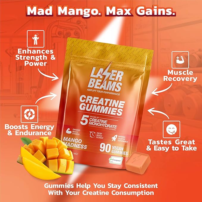 Creatine Monohydrate Gummies for Women & Men - 5g Creapure Creatine per Serving - Vegan, Mango Flavor - Boost Muscle Strength, Endurance, Recovery & Mental Focus (90 Gummies)