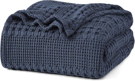 PHF 100% Cotton Waffle Weave Blanket Queen Size for Bed, Soft Lightweight & Breathable, All-Season Comfort, Luxury Aesthetic Woven Bedding for Home Decor, 90"x90", Dark Navy