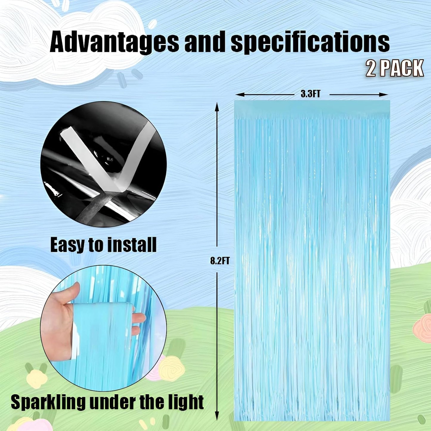 Keyali 2 Pack 3.3 * 8.3 ft Foil Curtain Metallic Tinsel Fringe Curtains Photo Booth Props Backdrop for Birthday Wedding Engagement Baby Shower Christmas Holiday Celebration Party，Macaron Light Blue