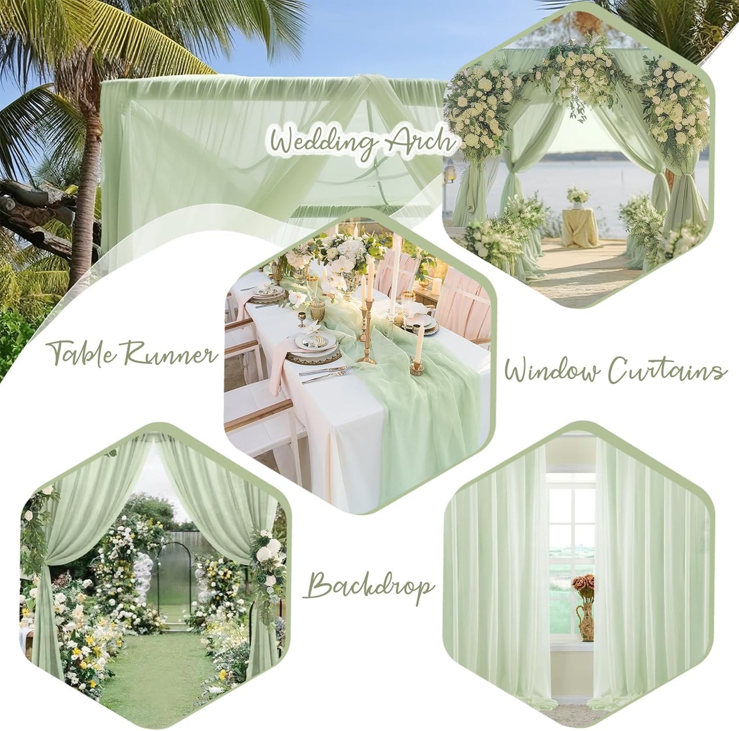 PARTISKY 10x7ft Sage Green Chiffon Backdrop Curtains, Wrinkle-Free Sheer Fabric Photo Drapes for Wedding Ceremony Arch Birthday Baby Shower Photography Stage Decor 5x7ft, 2 Panel