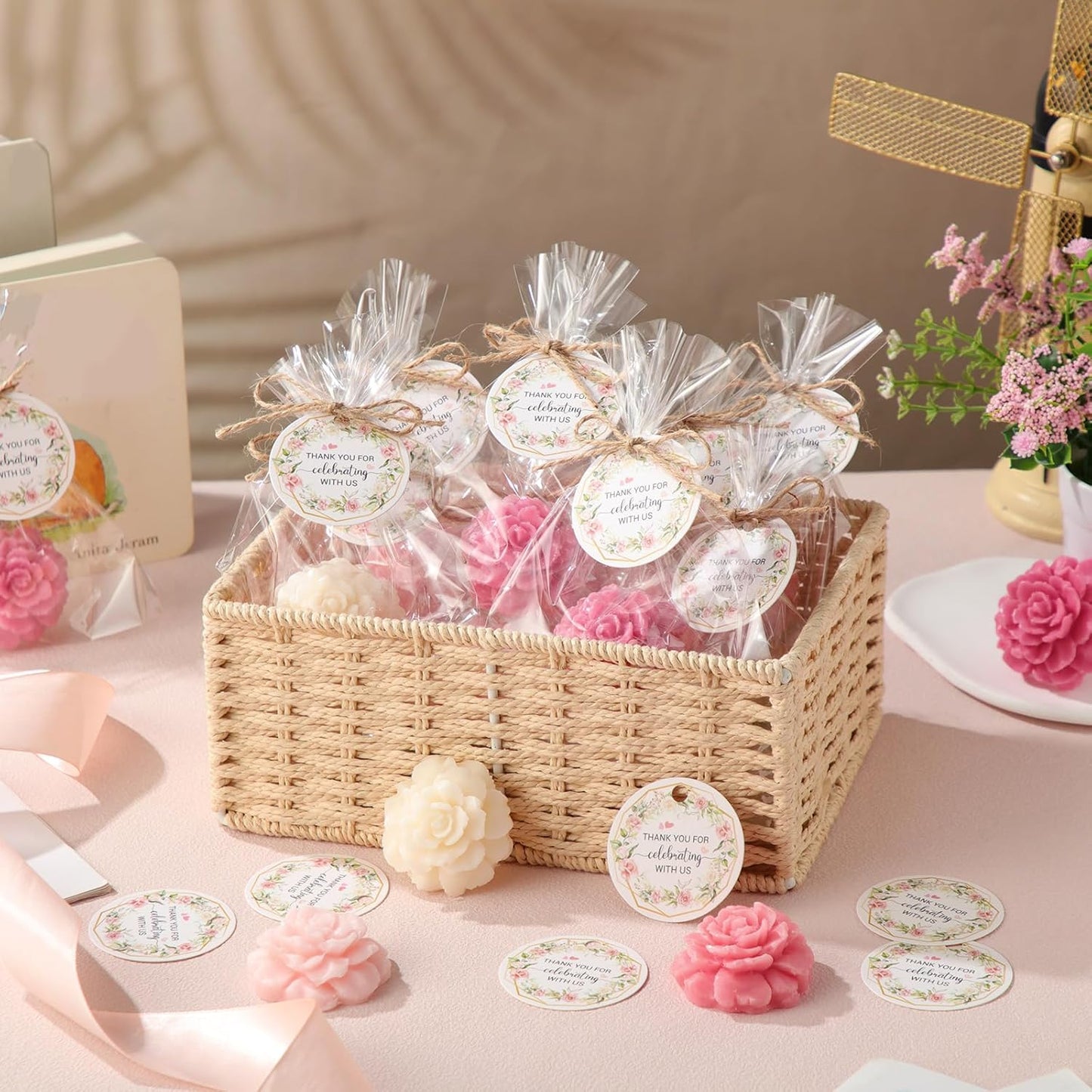 Demissle 20 Set Flower Mini Soaps for Guests Rose Soap Baby Shower Soap Favors with Thank You Tags for Wedding Bridal Guest Gift Party Favor(Dark Pink)