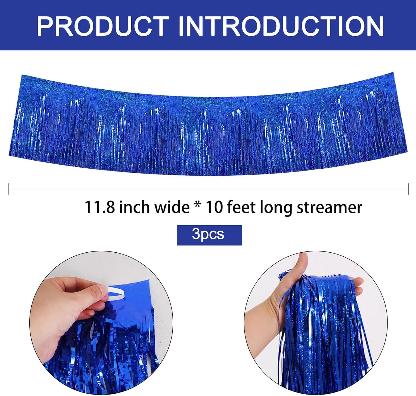 BEISHIDA 3 Packs Metallic Foil Fringe Garland Laser Blue Wall Hanging Tinsel Fringe Banners for Car Floats Bridal Shower Wedding Birthday Easter Graduation Holiday Party Decoration(30 Feet)