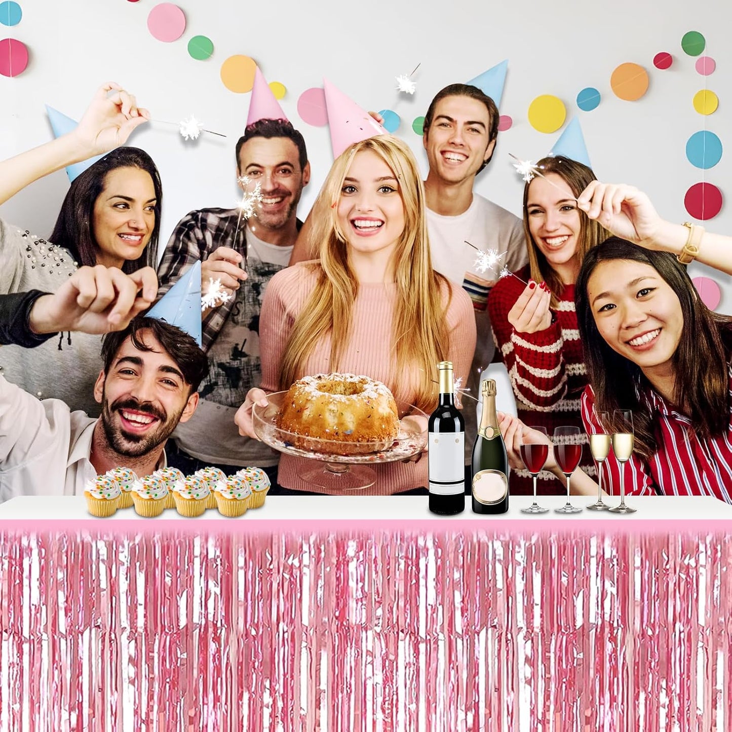 3 Pack 29x108 Inch Pink Foil Fringe Table Skirts Metallic Banner for Tinsel Streamer Garland Backdrop for Parade Floats Wedding Thanksgiving Birthday Christmas Halloween Party Decoration