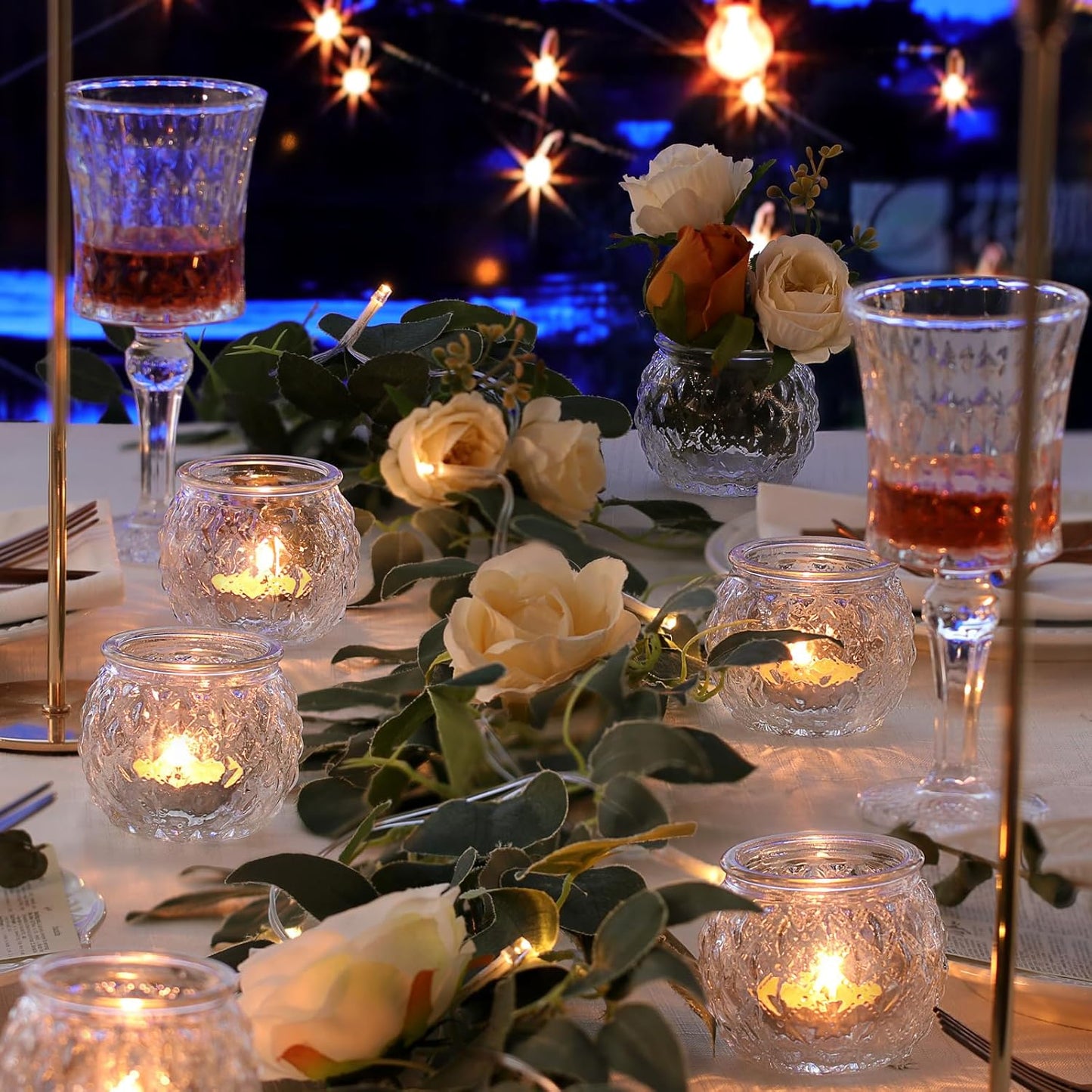 DARJEN 48Pcs Clear Votive Candle Holders - Round Candle Holder, Candle Holders Bulk for Tea Light Candle, Embossed Candle Votives for Wedding Centerpiece & Home Decor